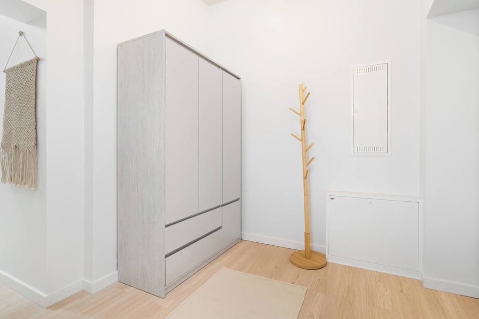 Bright hallway with wardrobe, a tall decorative plant and light-colored wooden flooring.