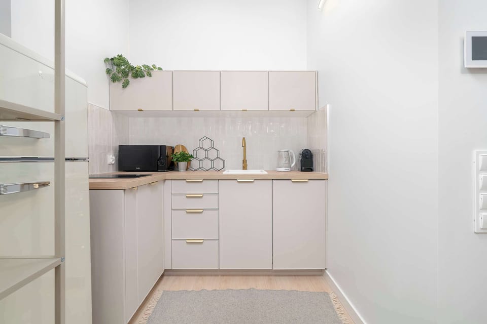 Compact modern kitchenette with white cabinets, a sink, a cooking area, a light countertop and simple decorative elements.