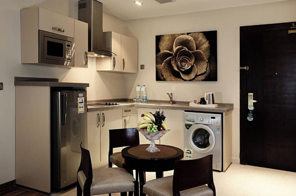 Mini-fridge, microwave