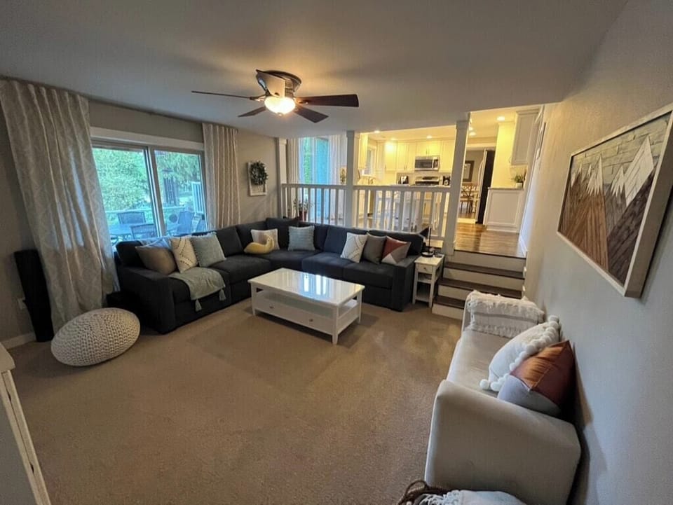 Family room sectional with deck access