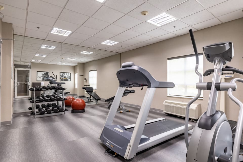 Fitness centre featuring cardio equipment, free weights, and exercise balls.