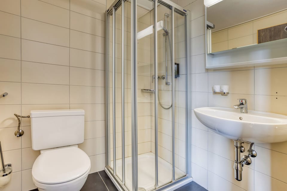 Shower, free toiletries, hair dryer, towels