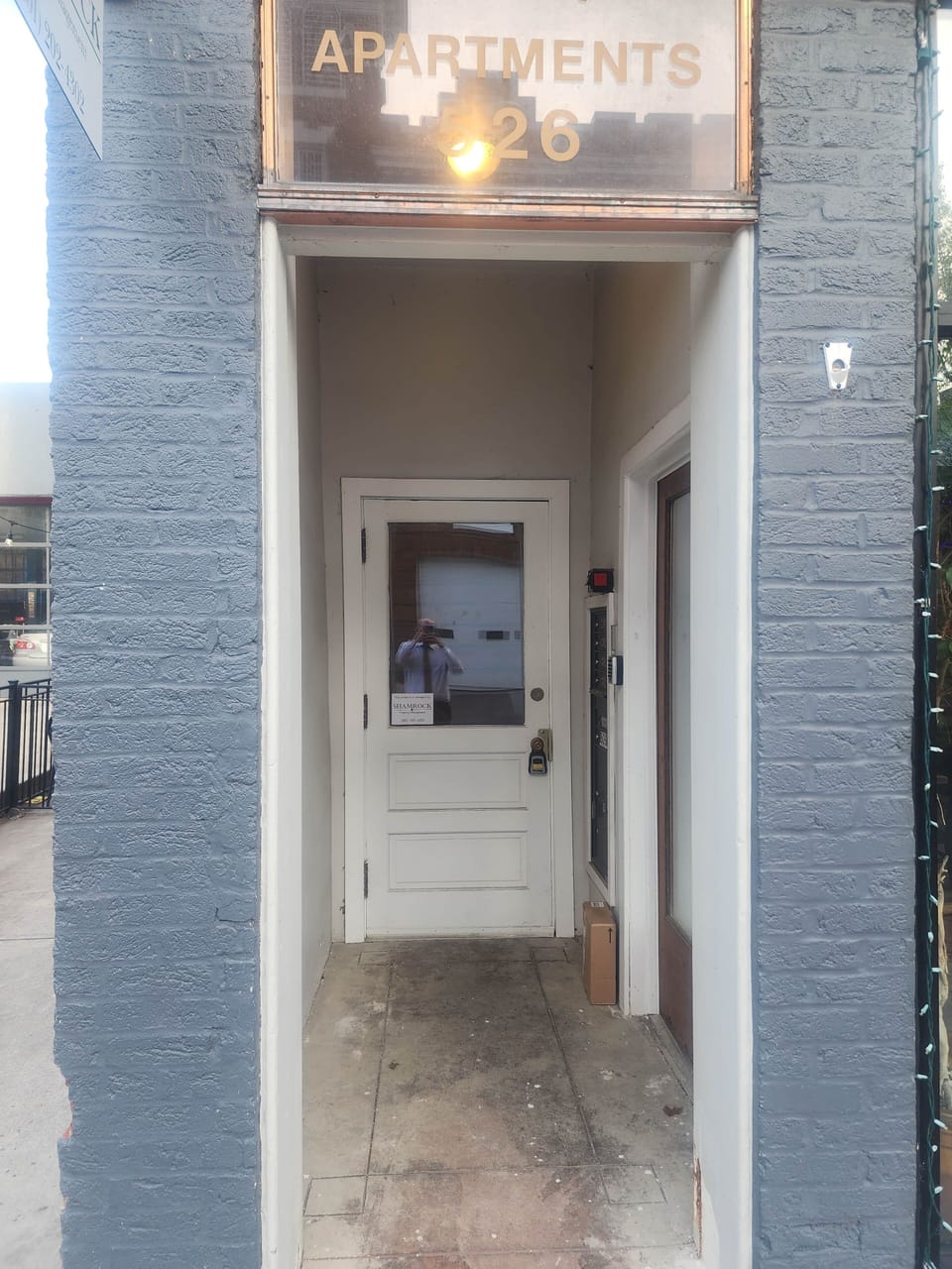 Secured main entrance to the apartment building