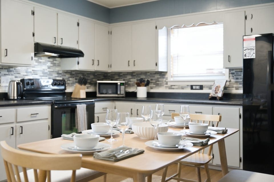Our fully equipped kitchen has everything you need to cook and enjoy meals together, with plenty of space for the whole group to gather.