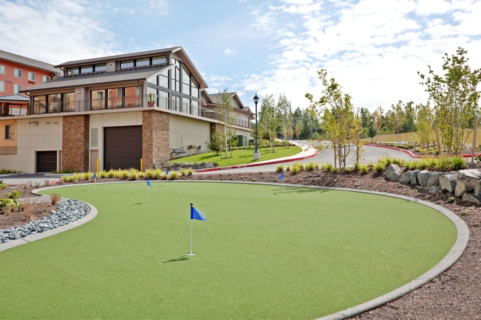 Borrow a putter from the front desk and play the five-hole putting green