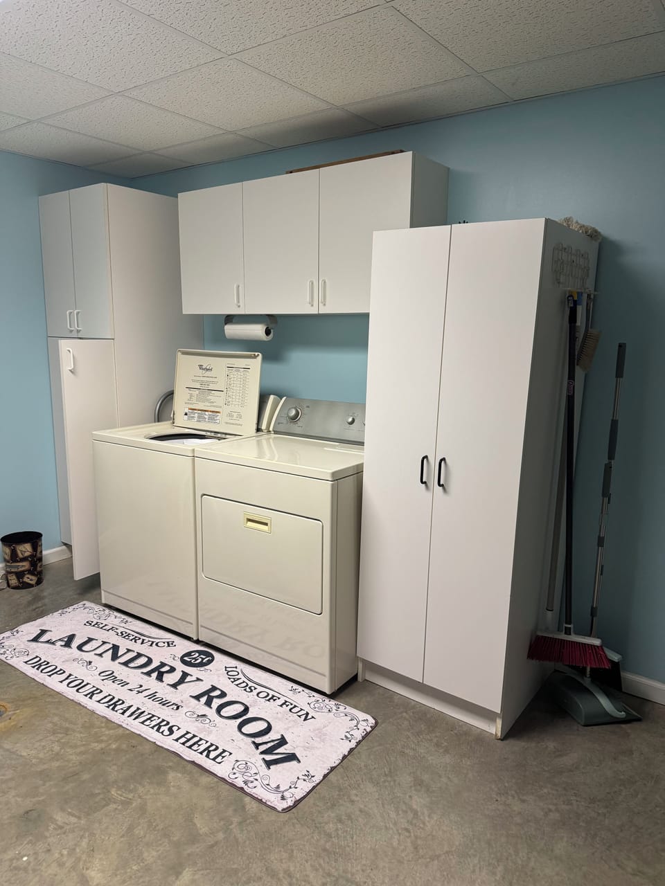 Laundry Room with Washer & Dryer, detergent & dryer sheets