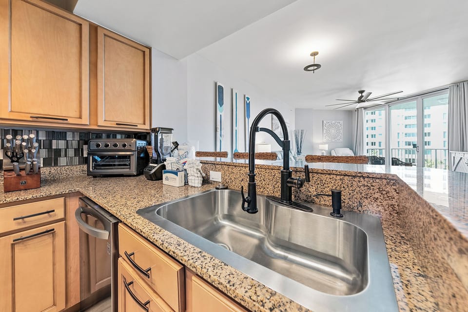 This kitchen overlooks the family room