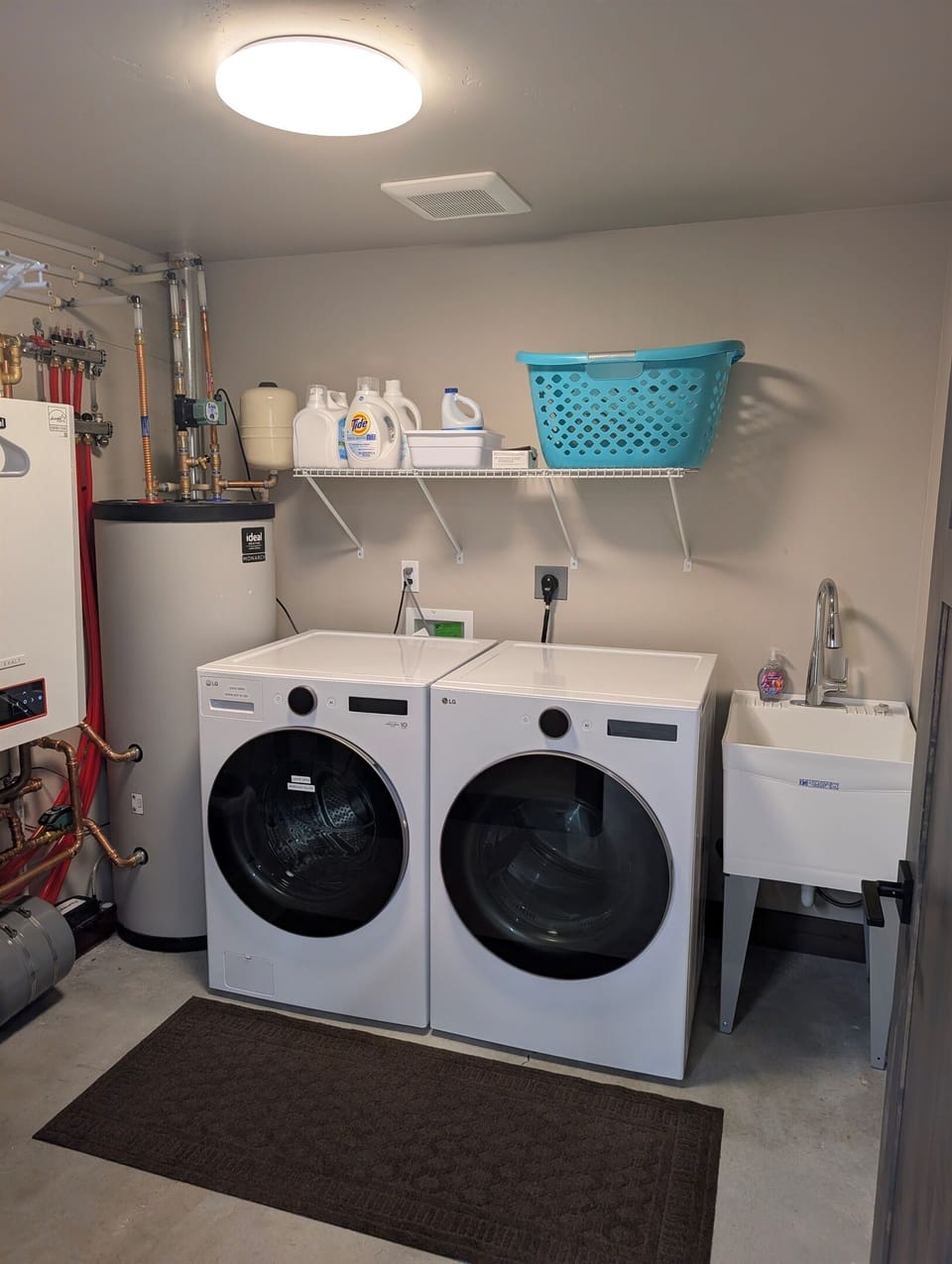 Washer, Dryer, Soap, Fabric softener, static dryer sheets, Bleach, Clothes basket, Utility sink