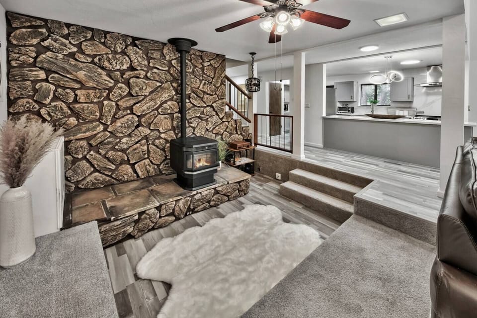 Cozy pellet fireplace for relaxing mountain evenings (wood pellets not provided).