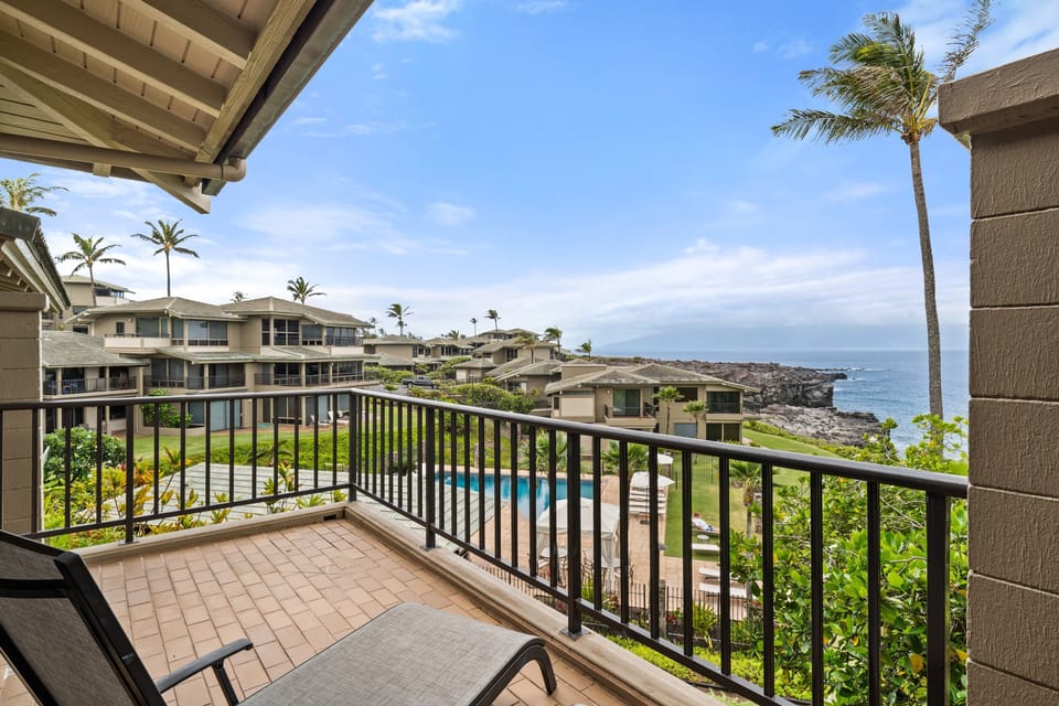 Enjoy fresh ocean breezes and panoramic views from this secluded outdoor retreat off the primary suite.