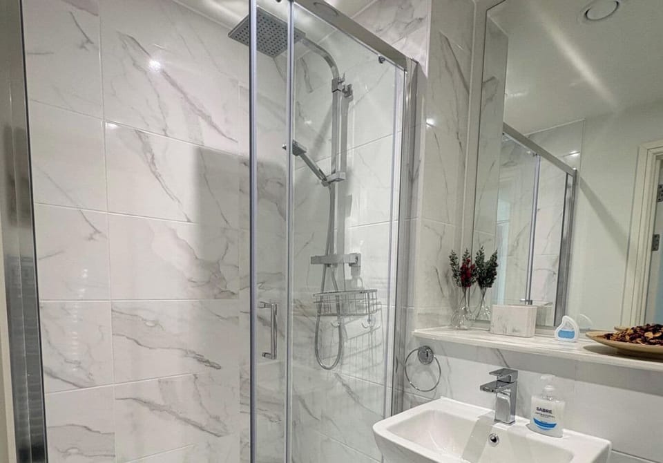 Shower, hair dryer, towels