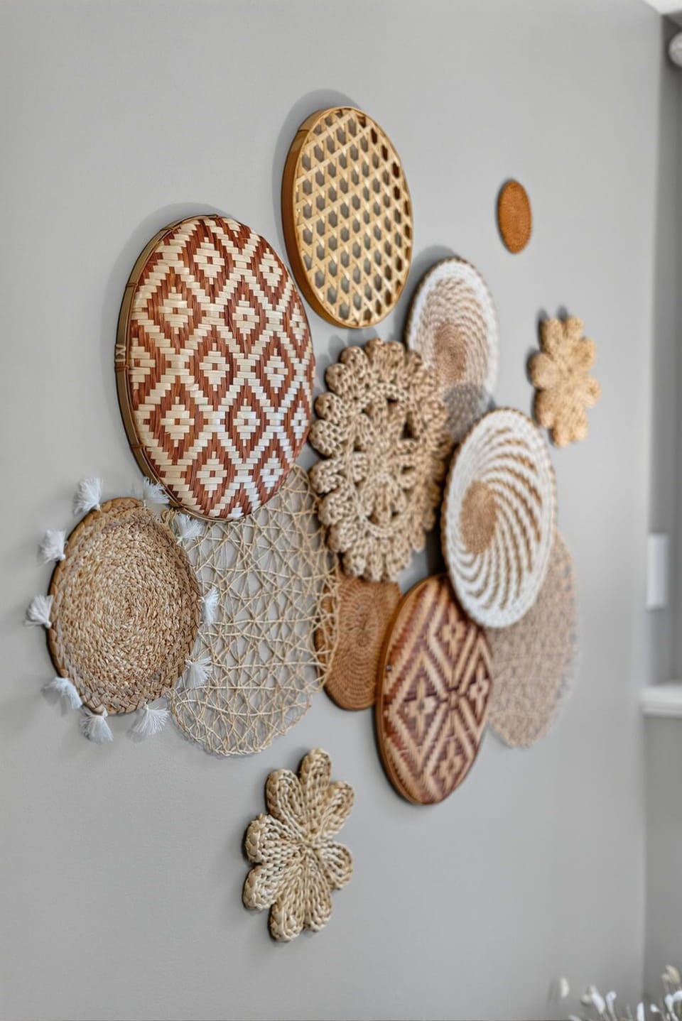 A handcrafted wall arrangement showcases woven textures and natural fibers in warm earth tones, adding artisanal charm to your space.