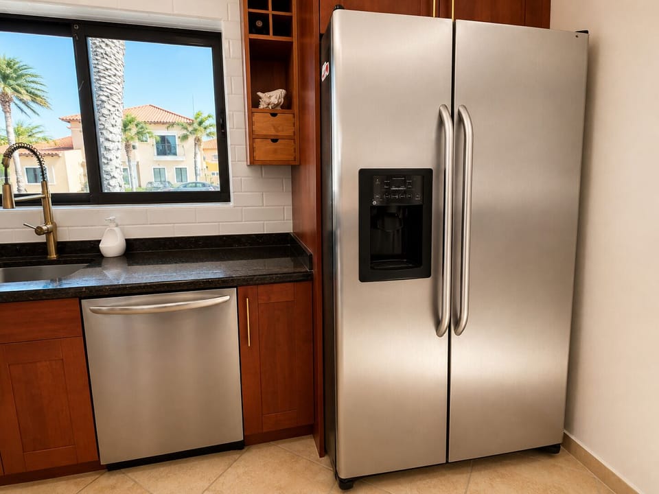 Enjoy the convenience of a modern, stainless steel French-door refrigerator with a built-in water and ice dispenser.