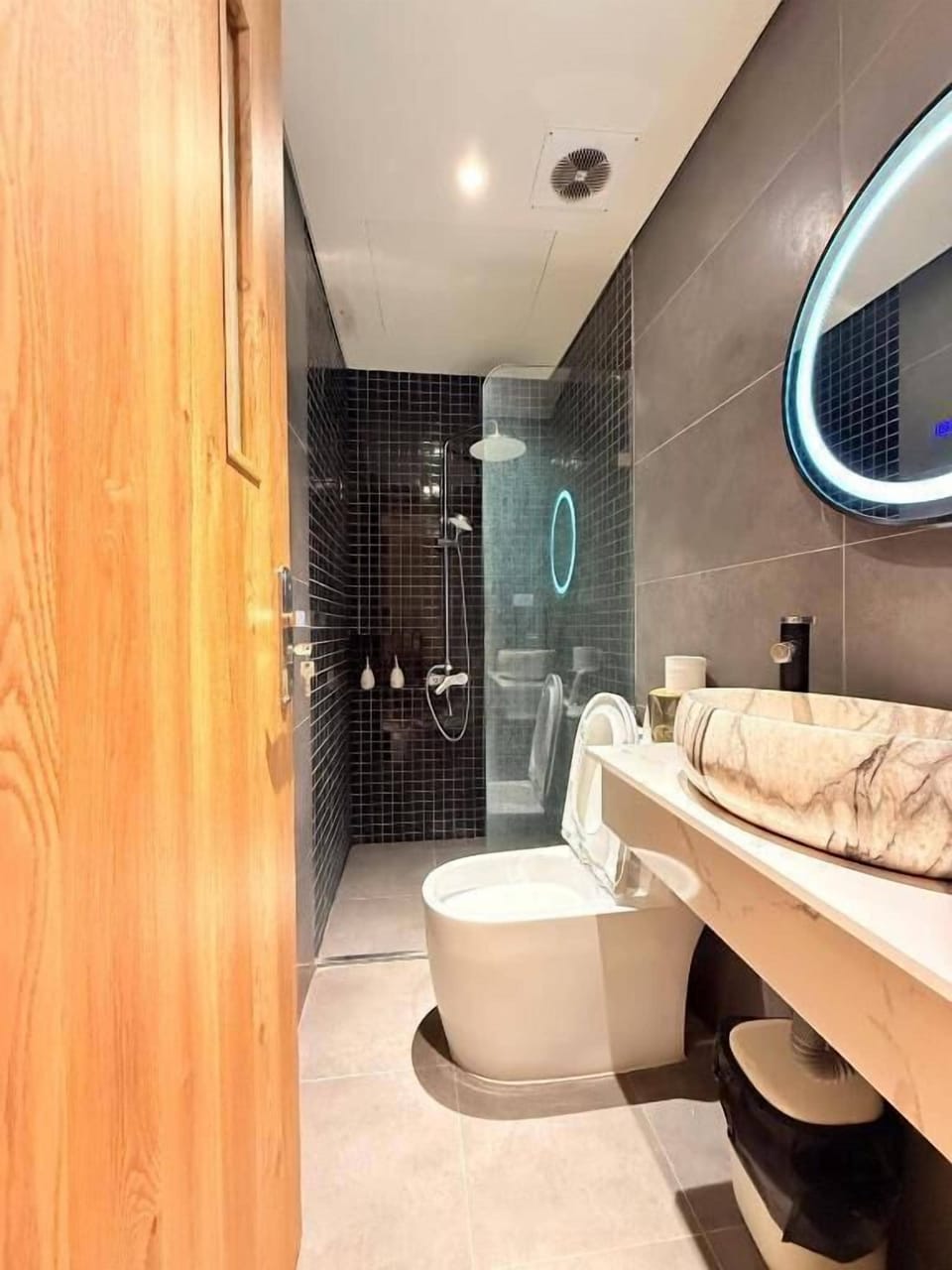 Hair dryer, slippers, towels, soap