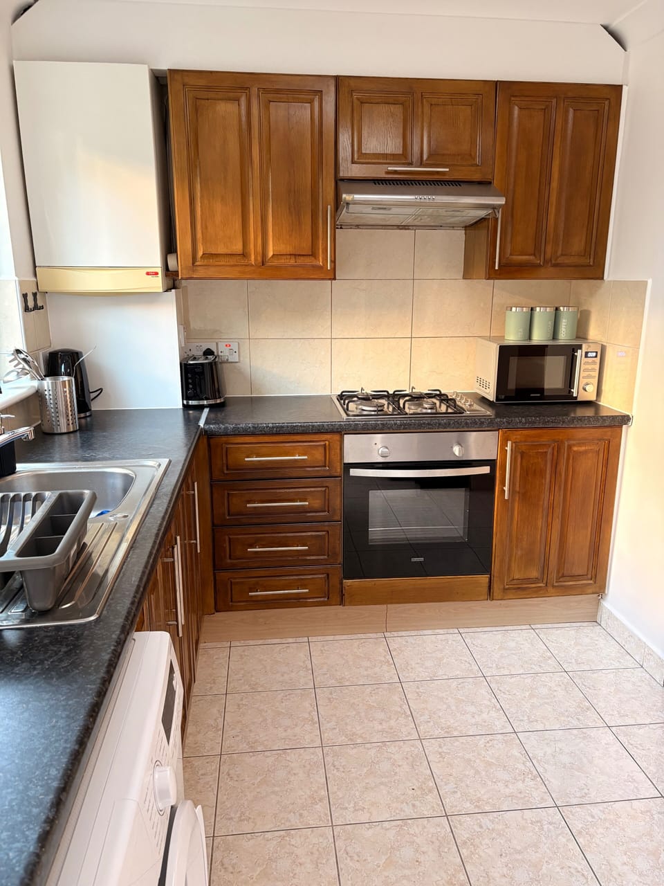 Fridge, microwave, oven, electric kettle
