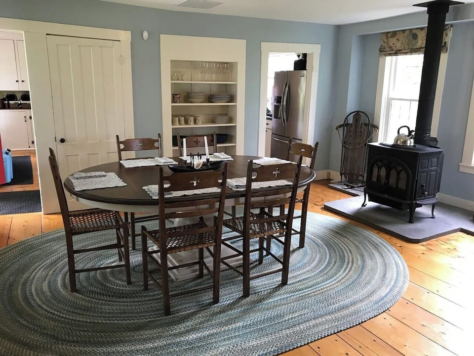 Dining room with cozy wood burning stove