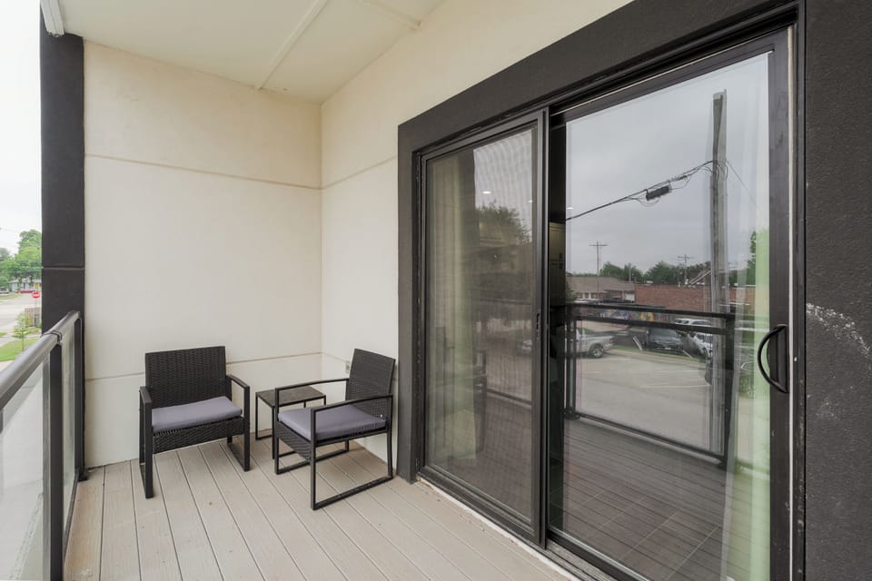 Modern rental exterior with spacious on-site parking and easy access