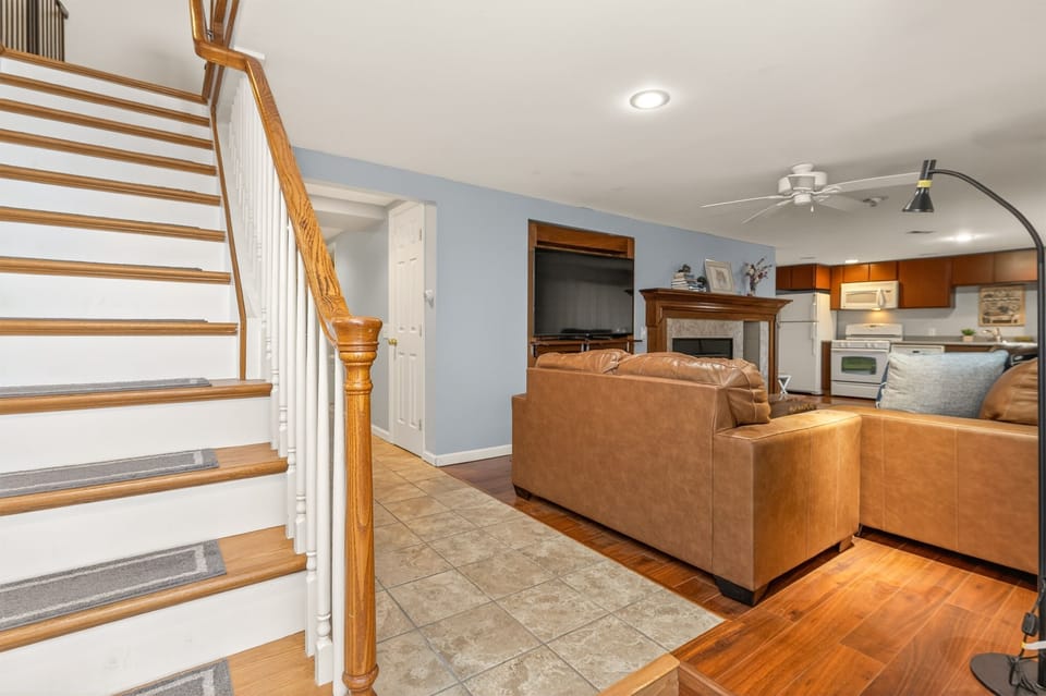 Wooden staircase connecting the main living spaces
