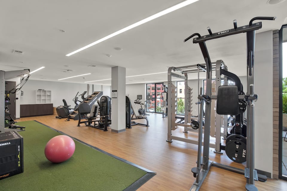 Bright modern gym with cardio, weights, and functional training space