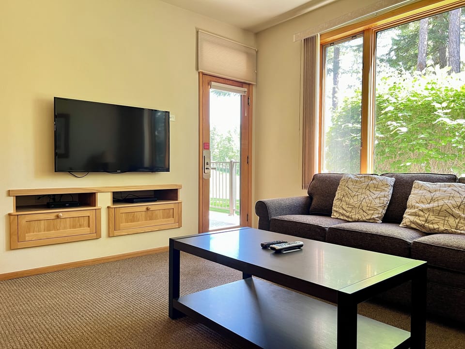 Bright living room with large windows, sofa, and TV by the outdoor patio