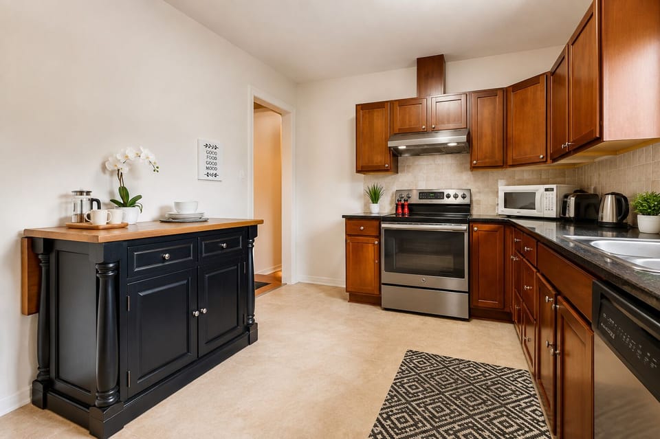 Bright full kitchen with stainless appliances and a stylish island