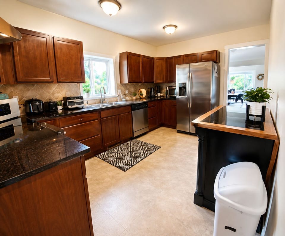 Bright, spacious kitchen with stainless steel appliances and breakfast bar