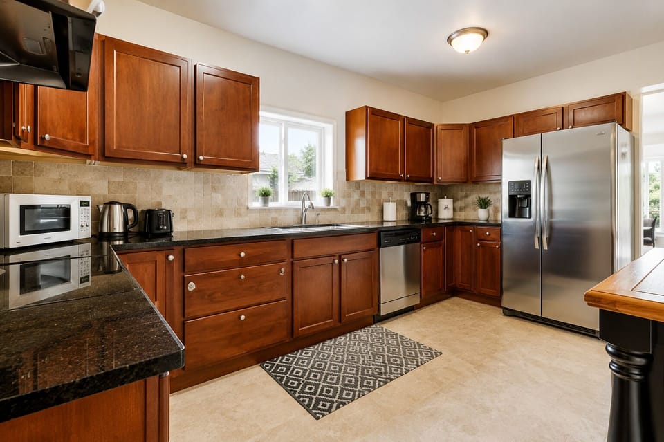 Bright full kitchen with granite counters and stainless steel appliances