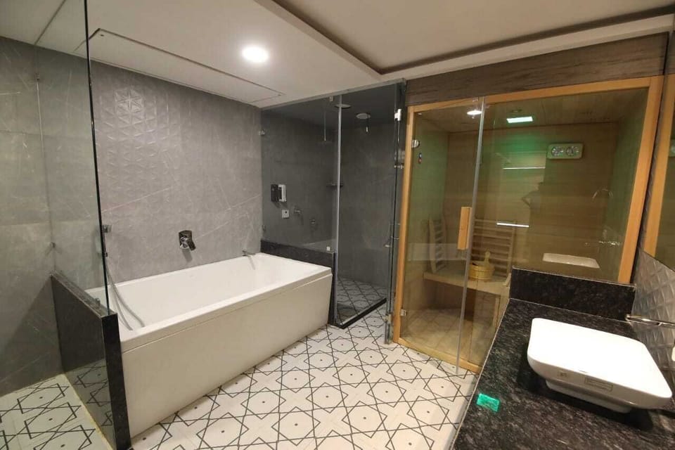 Shower, towels, soap, shampoo