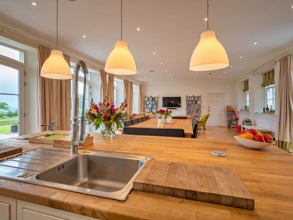 Furniture, Interior Design, Flooring, Floor, Wood, Kitchen, Countertop, Ceiling, Wood Flooring, Light Fixture