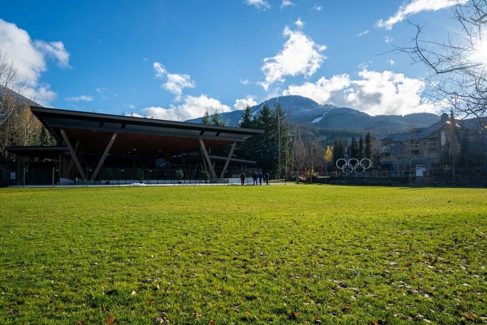 Whistler Olympic Plaza with summer lawns, concerts, and family fun.