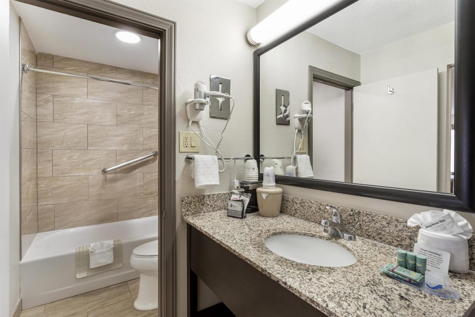 Combined shower/tub, eco-friendly toiletries, hair dryer, towels
