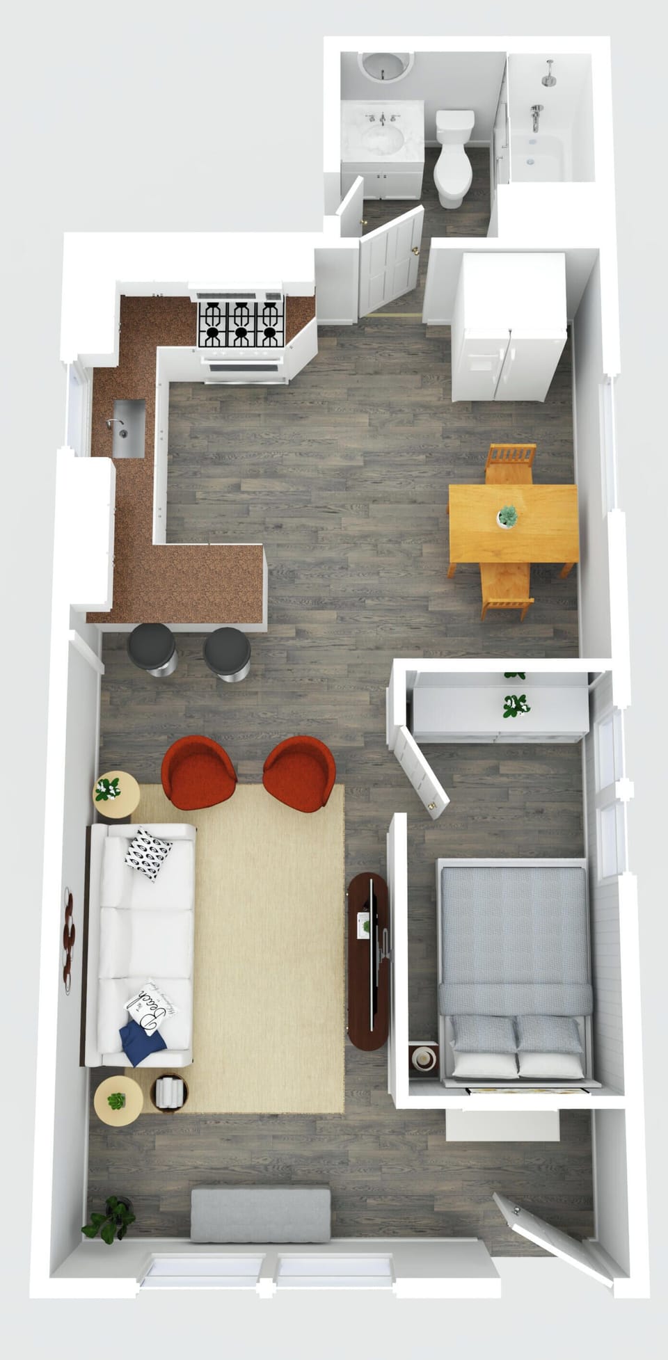 Smart studio layout with breakfast bar, dining nook, and cozy bed area