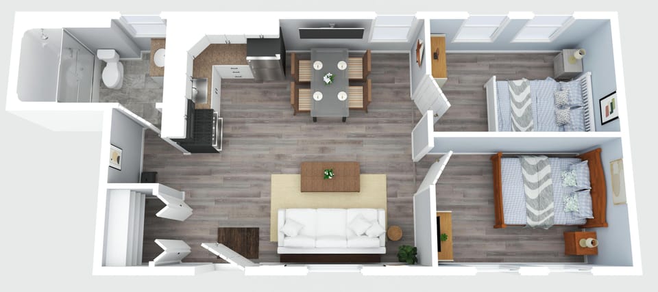 Bright 2BR layout with open living space and modern finishes