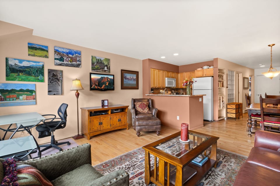 Open living space, kitchen, dining and living room.