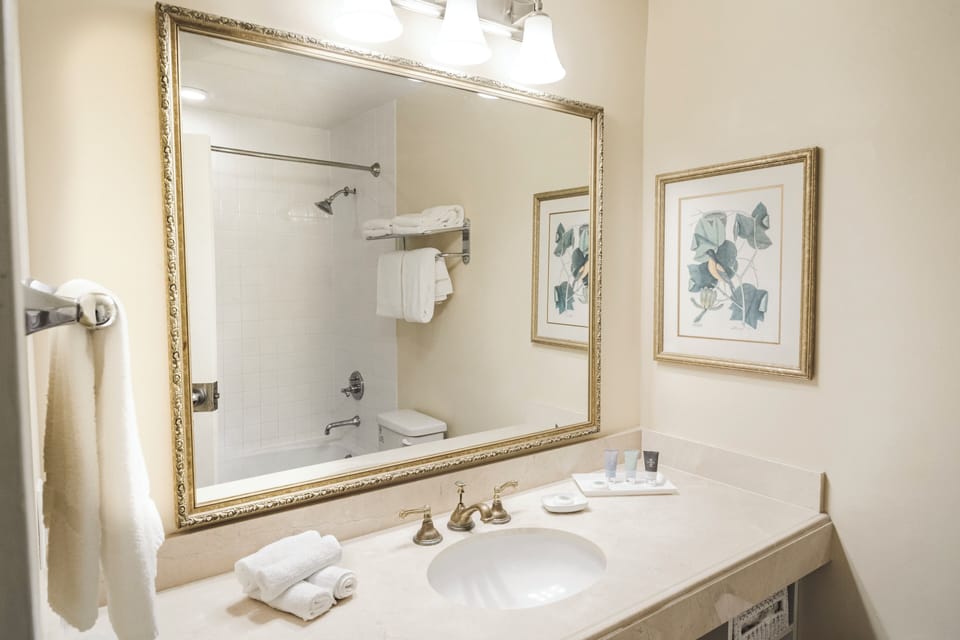 Combined shower/tub, designer toiletries, hair dryer, towels
