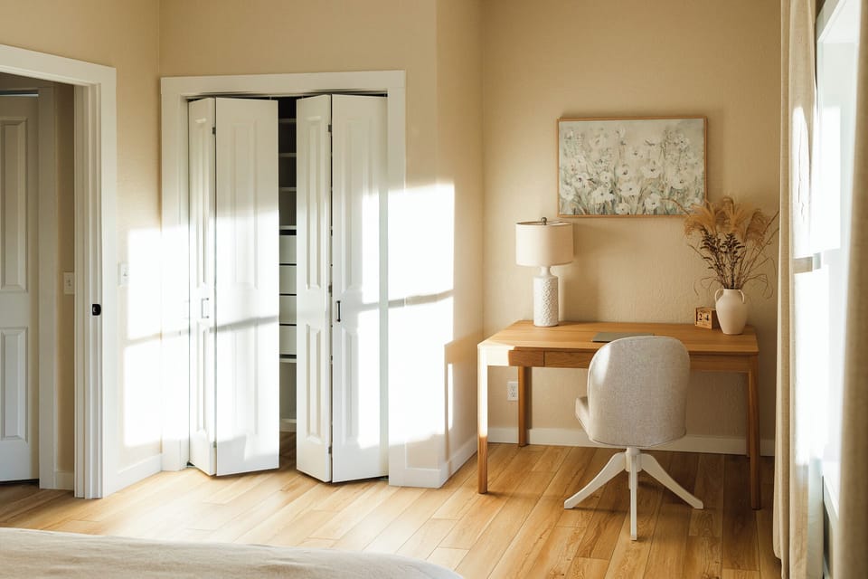 An office nook with a desk and chair so you can work done comfortably