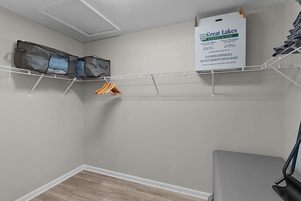 Plenty of closet space with wire shelving and hangers provides ample room to unpack and settle in during your stay.