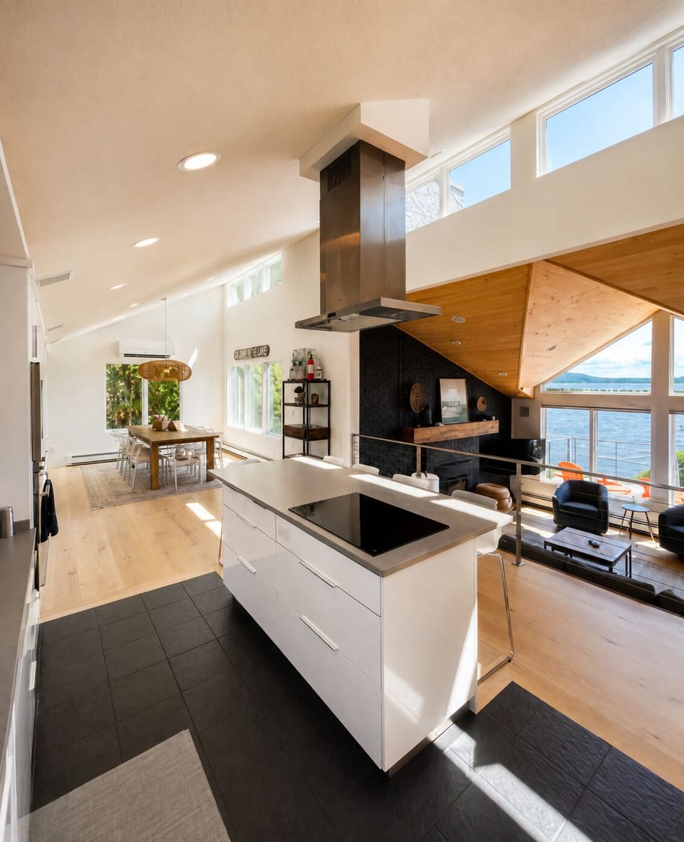 A cook's kitchen. Flush mounted induction cooktop, all stainless appliances.