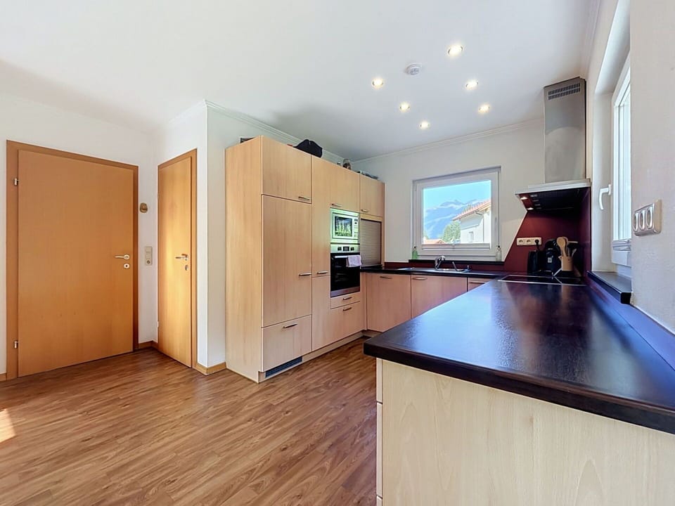 Interior Design, Flooring, Wood, Floor, Ceiling, Kitchen, Wood Flooring, Countertop, Room, Furniture