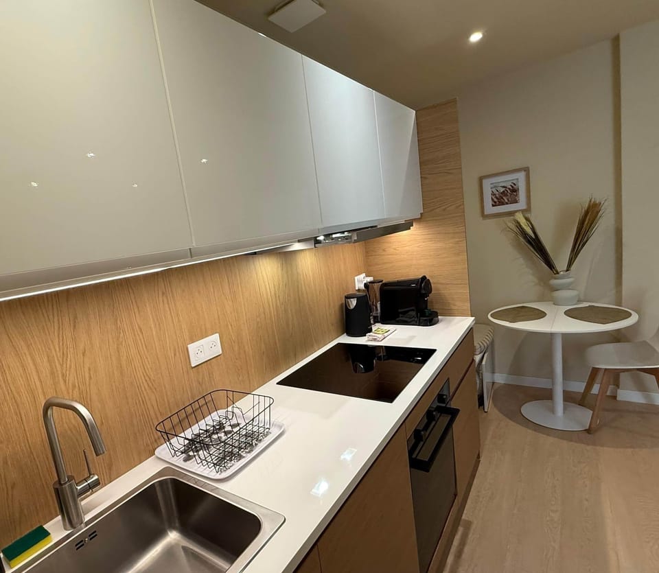 Fully equipped kitchen with oven, induction hob, kettle, coffee machine, and storage.