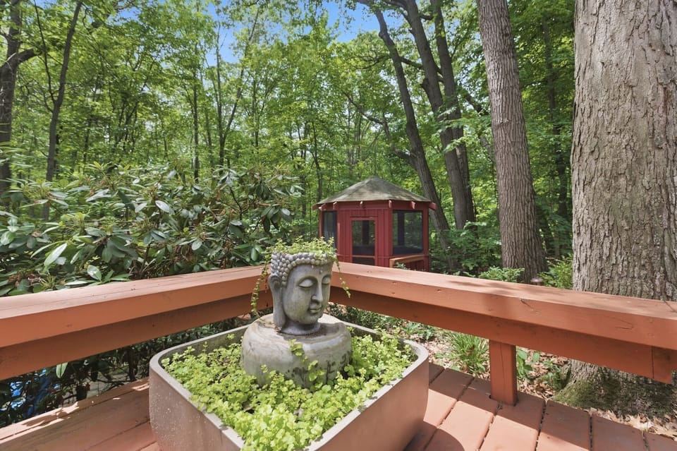 Peaceful woodland retreat with thoughtfully designed outdoor spaces.
