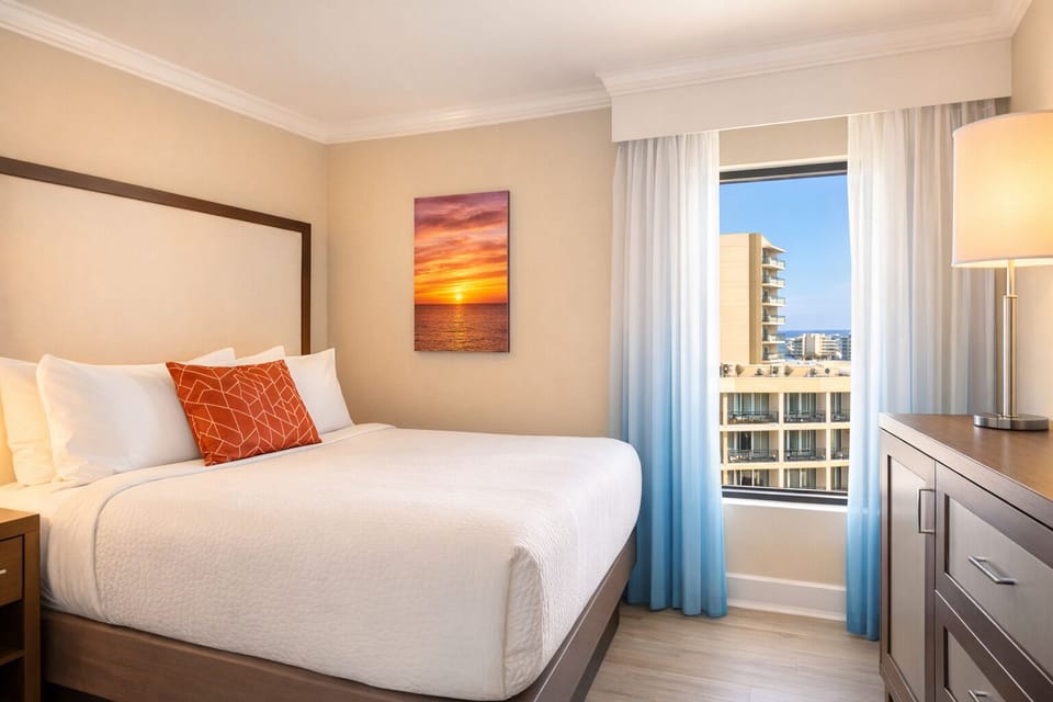 Recharge in a serene king bed with sunny skyline views.