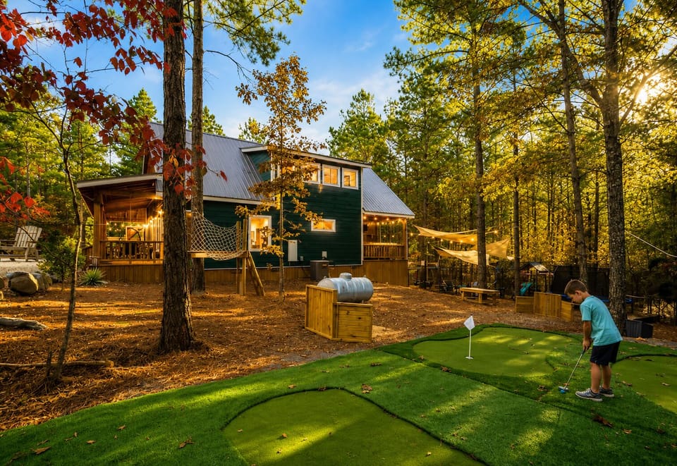 Woodland cabin retreat with private putting green and cozy outdoor spaces