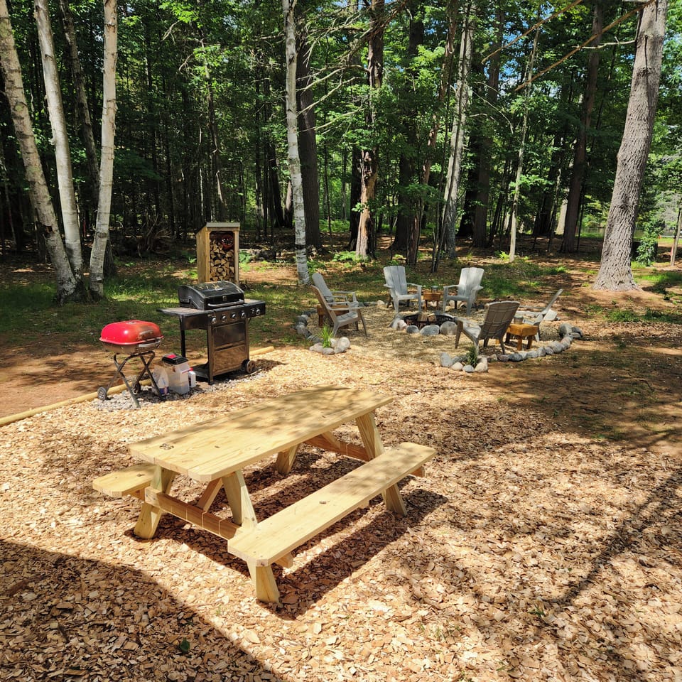 Outdoor space with fire pit, picnic table and grills. Outdoor games as well.