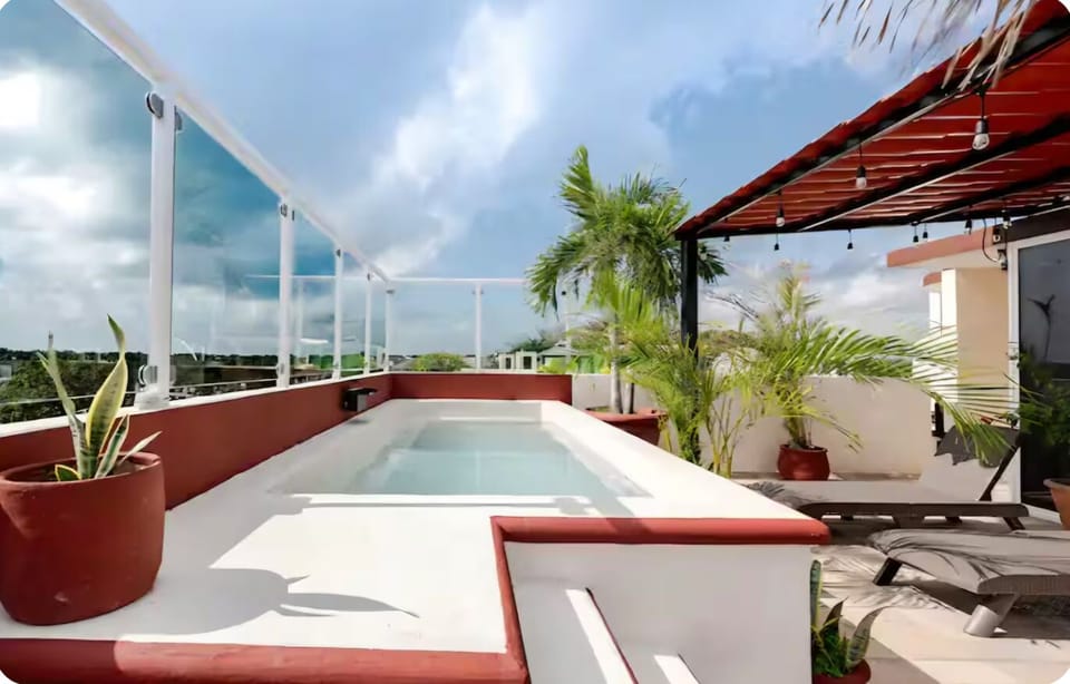 Rooftop, pool area. 