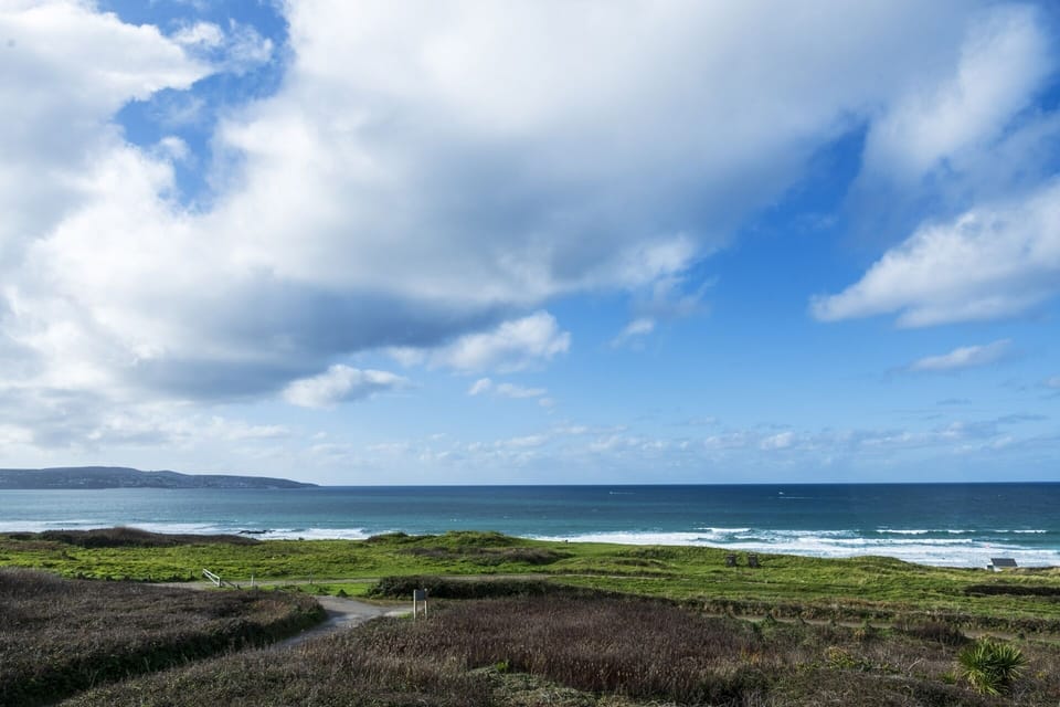 St Ives Bay views from Blue Haze beach chalet Gwithian Cornwall