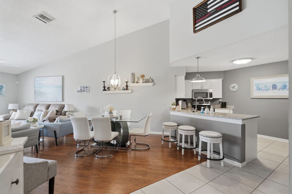 Gather around the dining area for a home-cooked meal, takeout from a nearby restaurant, or a relaxed evening of good food and conversation with family and friends.