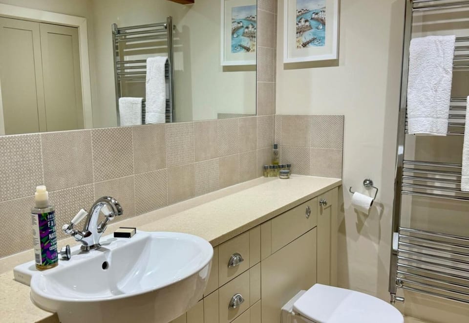 Combined shower/tub, deep soaking tub, hair dryer, towels