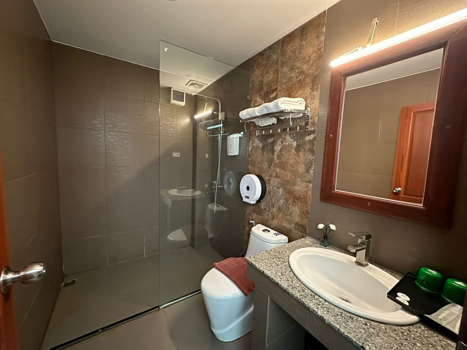 Shower, hydromassage showerhead, free toiletries, hair dryer