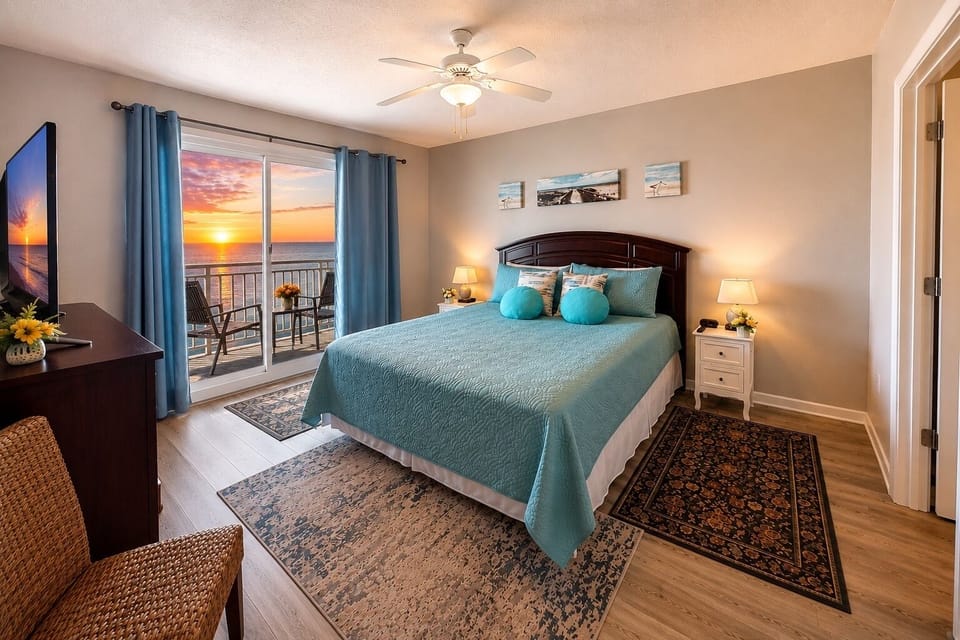 Oceanfront Bedroom Retreat - A peaceful primary bedroom with warm lighting and a beautiful view toward the Gulf.